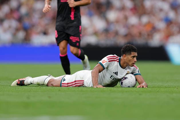 Jude Bellingham of Real Madrid CF looks on during the LaLiga EA Sports match between Real Madrid CF and Málaga CF at Estadio Santiago Bernabéu on August 30, 2026, in Madrid, Spain. Photo by Manu Reino, DeFodi Images
