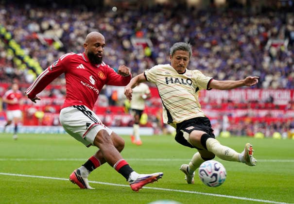 Manchester, England, 30th August 2026. Bryan Mbeumo of Manchester United, ManU challenged by Daizen Maeda of Ipswich Town during the Manchester United vs Ipswich Town Premier League match at Old Trafford, Manchester. Picture credit should read: Andrew Yates Sportimage EDITORIAL USE ONLY. No use with unauthorised audio, video, data, fixture lists, club league logos or live services. Online in-match use limited to 120 images, no video emulation. No use in betting, games or single club league player publications. SPI_056_AY_Man_Utd_Ipswich SPI-4945-0056