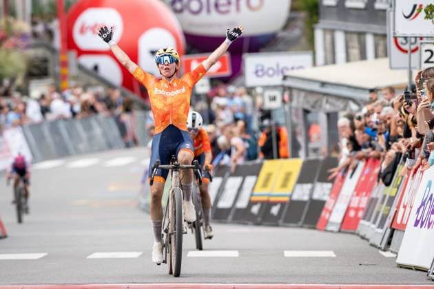 Dutch Femke Markus of SD Worx-Protime celebrates as she crosses the finish line to win the UEC Gravel European Championships in Houffalize (138 km), on Sunday 30 August 2026. DAVIDxPINTENS  x184760266x