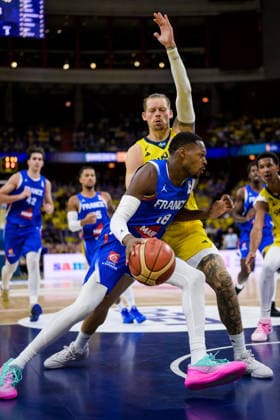 August 30, 260830: Joel Ayayi of France and Viktor Gaddefors of Sweden during the FIBA World Cup Qualifier basketball game between Sweden and France on August 30, 2026 in Stockholm. Photo by Joel Marklund, BILDBYRAN, code JM JM0848 bbeng basketball FIBA World Cup Qualifiers Sweden France  Copyright: JOELxMARKLUND BB260830JM044