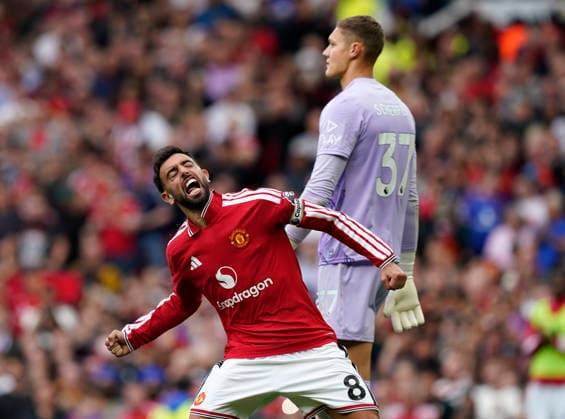 Manchester, England, 30th August 2026. Bruno Fernandes of Manchester United, ManU celebrates scoring the third from the penalty spot during the Manchester United vs Ipswich Town Premier League match at Old Trafford, Manchester. Picture credit should read: Andrew Yates Sportimage EDITORIAL USE ONLY. No use with unauthorised audio, video, data, fixture lists, club league logos or live services. Online in-match use limited to 120 images, no video emulation. No use in betting, games or single club league player publications. SPI_063_AY_Man_Utd_Ipswich SPI-4945-0063