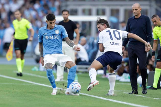 Italy: Serie a football match SSC Napoli vs Como Napoli s Uruguayan defender Mathias Olivera challenges for the ball with Como™s Argentinian midfielder Nico Paz during the Serie A football match between SSC Napoli vs Como at the Diego Armando Maradona Stadium in Naples, on August 30, 2026. _BPH9001 Copyright: xAntonioxBalascox