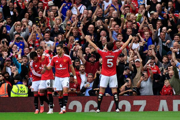 Manchester United, ManU v Ipswich Town, Premier League GOAL. Harry Maguire (5) of Manchester United celebrates scoring to make it 2-1 during the Premier League match between Manchester United and Ipswich Town at Old Trafford, Manchester, UK on 30 August 2026. Manchester Old Trafford Greater Manchester UK Editorial use only DataCo restrictions apply See www.football-dataco.com , Copyright: xConorxMolloyx PSI-24777-0062