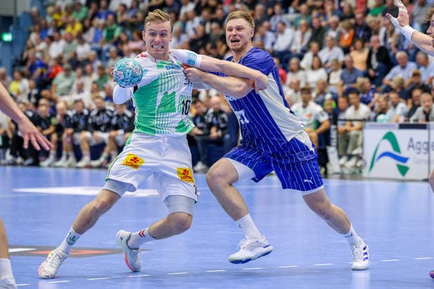August 30, 2026, xsefx, Handball, 1st Bundesliga, VfL Gummersbach vs. SC Magdeburg, 2026–2027 Men’s Season, Schwalbe Arena; Gisli Thorgeir Kristjansson (SC Magdeburg, No. 10) in a one-on-one battle against Kristjan Horzen (VfL Gummersbach, No. 27), North Rhine-Westphalia, Germany