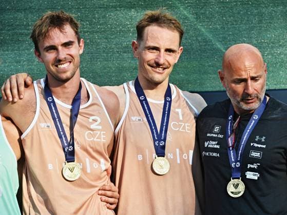 The World Beach volleyball, Beachvolleyball Pro Tour, category Futures, on August 30, 2026, in Brno, Czech Republic. Tournament winners from left: Jakub Sepka and Ondrej Perusic from Czech Republic, coach Andrea Tomatis. (CTKxPhoto PatrikxUhlir) CTKPhotoP2026083004903  CTKPhotoP2026083004903