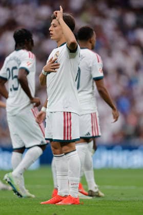 Arda Güler of Real Madrid CF celebrates after scoring his team s fourth goal during the LaLiga EA Sports match between Real Madrid CF and Málaga CF at Estadio Santiago Bernabéu on August 30, 2026, in Madrid, Spain. Photo by Manu Reino, DeFodi Images