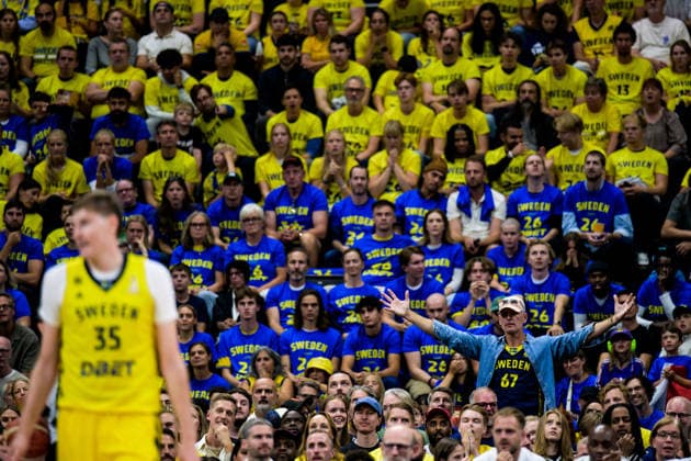 August 30, 2026: Fans of Sweden during the FIBA World Cup Qualifier basketball game between Sweden and France on August 30, 2026 in Stockholm. Photo by Joel Marklund, BILDBYRAN. Code: JM JM0848 bbeng basketball FIBA World Cup Qualifiers Sweden France audience  Copyright: JOELxMARKLUND BB260830JM082