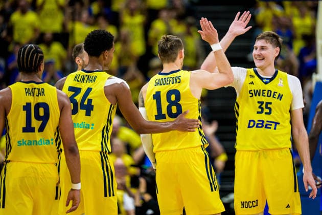 August 30, 2026: Melwin Pantzar, Bobi Klintman, Viktor Gaddefors, and Simon Birgander of Sweden celebrate during the FIBA World Cup Qualifier basketball game between Sweden and France on August 30, 2026 in Stockholm. Photo by Joel Marklund, BILDBYRAN. Code: JM JM0848 bbeng basketball FIBA World Cup Qualifiers Sweden France celebration  Copyright: JOELxMARKLUND BB260830JM086