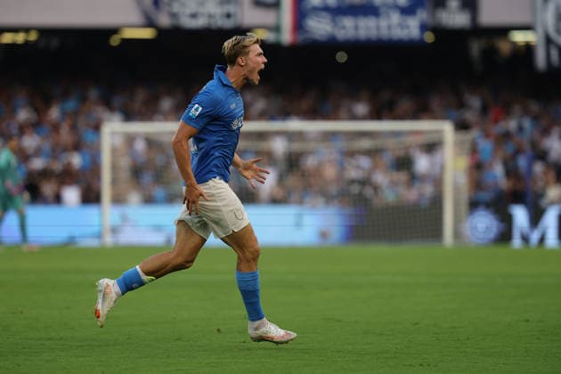Napoli™s Rasmus Hojlund celebrates after scoring goal 1-1 during the Serie A soccer match between Napoli and Como at the Diego Armando Maradona Stadium in Naples, southern italy - Sunday , August 30, 2026. - Soccer .  Copyright: xAlessandroxGarofalo LaPressex