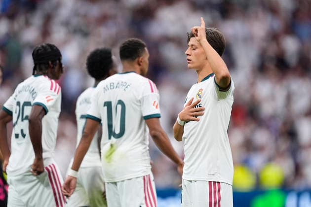 August 30, 2026, Madrid, Madrid, Spain: Arda Guler of Real Madrid CF celebrates after scoring his team s fourth goal during the Spanish League, LaLiga EA Sports, football match played between Real Madrid and Malaga CF at Bernabeu stadium on August 30, 2026, in Madrid, Spain. Madrid Spain - ZUMAa181 20260830_zaa_a181_169 Copyright: xOscarxJ.xBarrosox