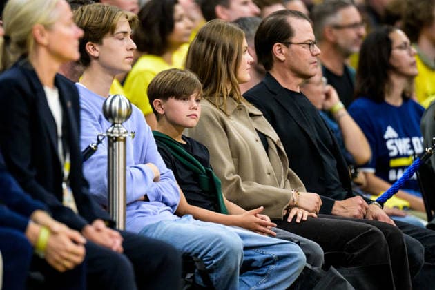 August 30, 2026: Prince Oscar of Sweden, Princess Estelle of Sweden, and Prince Daniel of Sweden in the stands during the FIBA World Cup Qualifier basketball game between Sweden and France on August 30, 2026 in Stockholm. Photo by Joel Marklund, BILDBYRAN. Code: JM JM0848 bbeng, basketball, FIBA World Cup Qualifiers, Sweden, France  Copyright: JOELxMARKLUND BB260830JM090