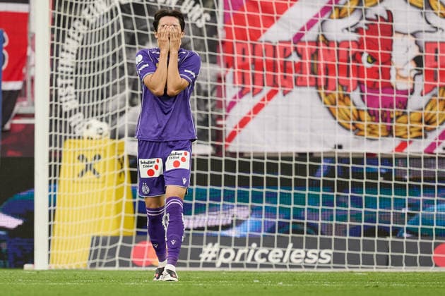 Salzburg, Austria, August 30, 2026 ADMIRAL Bundesliga 2026–2027 Matchday 5: FC Red Bull Salzburg vs. FK Austria Wien. Pictured: Goal, 1–0, scored by an own goal by Kang Hee Lee of FK Austria Wien, who is gesturing on the field at the Red Bull Arena. Copyright: xFotostandx xWassmuthx