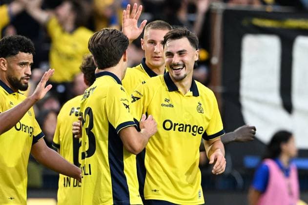Union s Mateo Biondic celebrates after scoring during a soccer match between Union Saint-Gilloise and RSC Anderlecht, Sunday 30 August 2026 in Brussels, on day 4 of the 2026-2027 Jupiler Pro League first division of the Belgian championship. JILLxDELSAUX  x184768864x