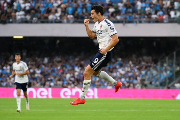 Anastasios Douvikas of Como 1907 celebrates after scoring the goal of 1-2 during the Serie A 2025 2026 football match between SSC Napoli and Como 1907 at Diego Armando Maradona stadium in Naples (Italy), August 30, 2026. AndreaxStaccioli