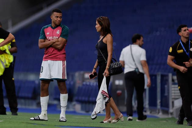 Kylian Mbappé of Real Madrid CF and Hiba Abouk, a Spanish actress, after the LaLiga EA Sports match between Real Madrid CF and Málaga CF at Estadio Santiago Bernabéu on August 30, 2026, in Madrid, Spain. Photo by Manu Reino, DeFodi Images