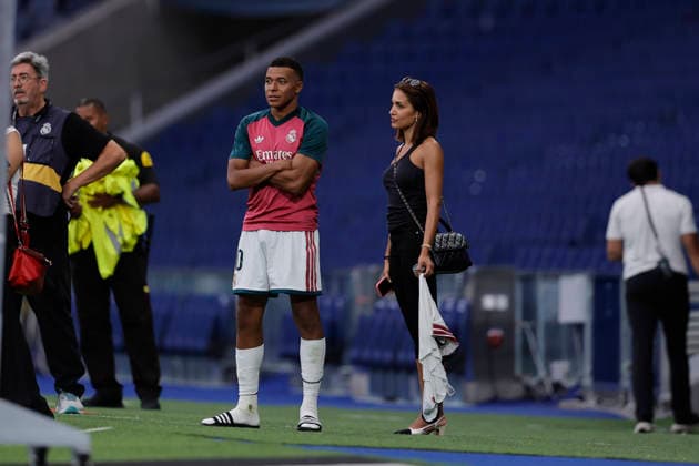 Kylian Mbappé of Real Madrid CF and Hiba Abouk, a Spanish actress, after the LaLiga EA Sports match between Real Madrid CF and Málaga CF at Estadio Santiago Bernabéu on August 30, 2026, in Madrid, Spain. Photo by Manu Reino, DeFodi Images