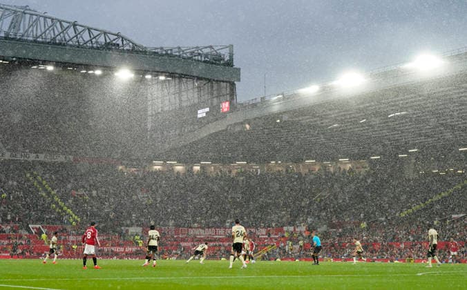 Manchester, England, 30th August 2026. A torrential downpour during the second half during the Manchester United, ManU vs Ipswich Town Premier League match at Old Trafford, Manchester. Picture credit should read: Andrew Yates Sportimage EDITORIAL USE ONLY. No use with unauthorised audio, video, data, fixture lists, club league logos or live services. Online in-match use limited to 120 images, no video emulation. No use in betting, games or single club league player publications. SPI_091_AY_Man_Utd_Ipswich SPI-4945-0092