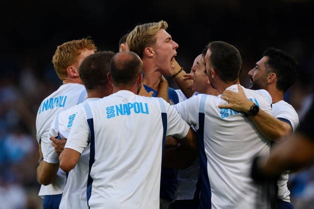 Napoli™s Rasmus Hojlund celebrates after scoring goal 1-1 during the Serie A soccer match between Napoli and Como at the Diego Armando Maradona Stadium in Naples, southern italy - Sunday , August 30, 2026. - Soccer .  Copyright: xAlessandroxGarofalo LaPressex