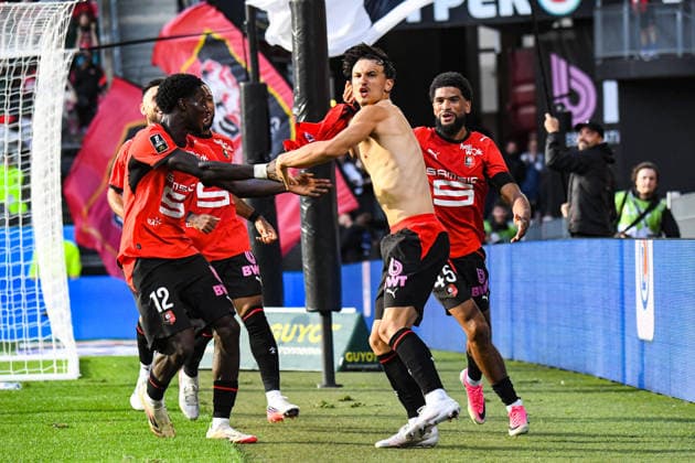 FOOTBALL : Stade Rennais vs Le Mans FC - Ligue 1 - JournÃ e 2 - 30 08 2026 Joie des joueurs du Stade Rennais aprÃ s le but de Esteban Lepaul (Stade Rennais) RennesFrance  Copyright: xBaptistexAutissierx