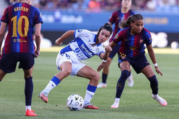 August 30, 2026, Sant Joan Despi, Barcelona, Spain: Violeta Quiles of Costa Adeje Tenerife and Vicky Lopez of FC Barcelona, Barca in action during the Spanish Women league, Liga F, football match played between FC Barcelona and Costa Adeje Tenerife at Johan Cruyff Stadium on August 30, 2026 in Sant Joan Despi, Barcelona. FC Barcelona V Costa Adeje Tenerife - Liga F  - ZUMAa181 20260830_zaa_a181_199 Copyright: xJavierxBorregox