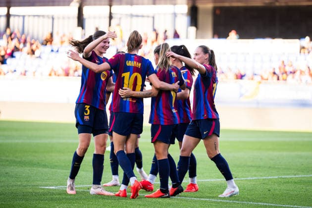 Spanish LigaF: FC Barcelona, Barca v Tenerife Femenino in Sant Joan Despi, Spain. Sant Joan Despi, Spain, 30, August, 2026. FC Barcelona woman players celebrate the goal of Caroline Graham (10) during LigaF match between FC Barcelona and Tenerife Feminine in Johan Cruyff Stadium, Sant Joan Despi, Spain, on August 30, 2026. Sant Joan Despi Johan Cruyff Stadium Barcelona Spain