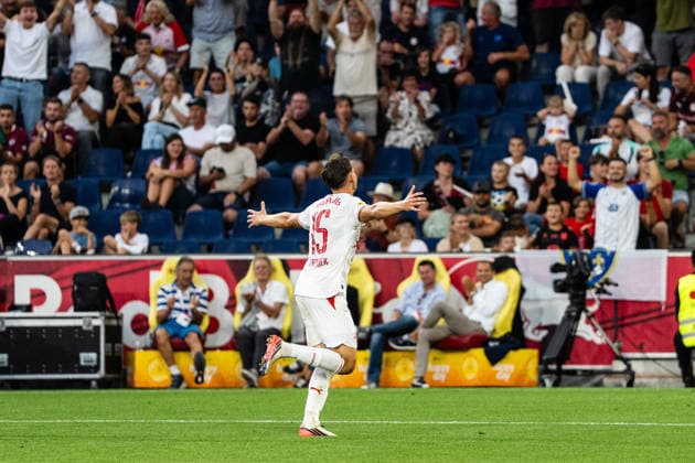 SOCCER - BL, RBS vs A.Wien SALZBURG,AUSTRIA,30.AUG.26 - SOCCER - ADMIRAL Bundesliga, Red Bull Salzburg vs FK Austria Wien. Image shows the rejoicing of Bartosz Mazurek (RBS).  GEPAxpictures xJulioxArellano
