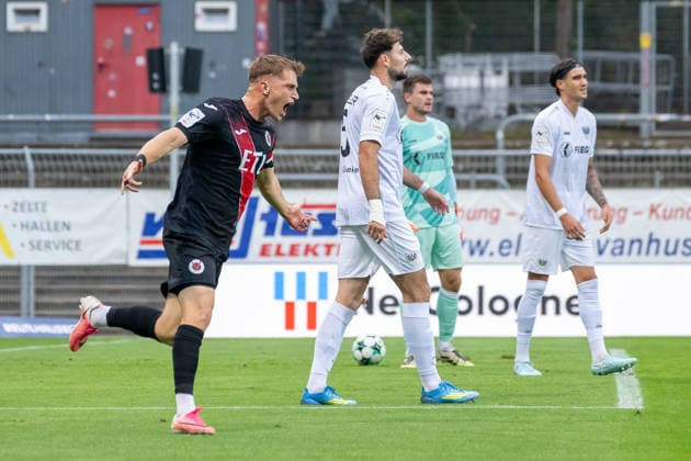 David Otto of Viktoria Cologne, No. 10, celebrates his goal to make it 2–0 in the match between FC Viktoria Cologne and SC Preussen Münster, soccer, 3. Liga, Matchday 3, 2026–2027 season, August 30, 2026 DFL and DFB regulations prohibit any use of photographs as image sequences and or quasi-video. FC Viktoria Cologne vs. SC Preussen Münster, soccer, 3. Liga, Matchday 3, 2026–2027 season, August 30, 2026, Cologne Copyright: xEibner-Pressefoto ThomasxHaeslerx EP_THR