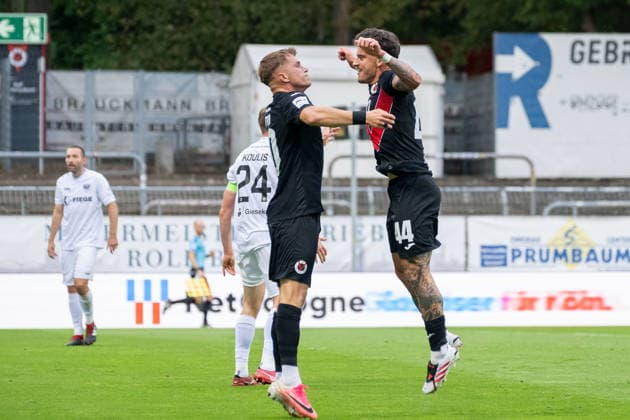 David Otto of Viktoria Cologne, 10, and Niklas Castelle of Viktoria Cologne, 44, celebrate the goal that made the score 2–0 in the FC Viktoria Cologne vs. SC Preussen Münster soccer match, 3rd Division, Matchday 3, 2026–2027 season, August 30, 2026. DFL and DFB regulations prohibit any use of photographs as image sequences and or quasi-video. FC Viktoria Cologne vs. SC Preussen Münster, soccer, 3. Liga, Matchday 3, 2026–2027 season, August 30, 2026, Cologne Copyright: xEibner-Pressefoto ThomasxHaeslerx EP_THR