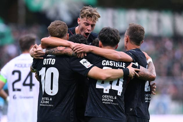 Soccer, 3rd Division, Matchday 3: FC Viktoria Köln vs. SC Preußen Münster on August 30, 2026, at Sportpark Höhenberg in Cologne. Celebrations after David Otto’s goal to make it 2–0 for Cologne. DFB regulations prohibit any use of photographs as image sequences and or quasi-video. xRx