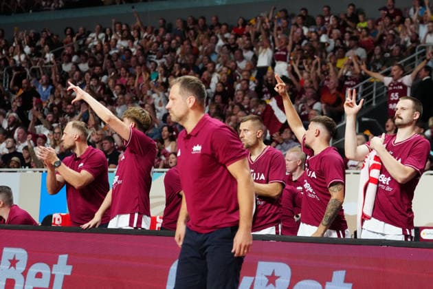 August 30, 2026, Riga, Latvija: Team Latvia players celebrate during the FIBA Basketball World Cup 2027 European Qualifiers Second Round Ã‚Â· Group K match between Latvia and Israel at Xiaomi Arena, in Riga, Latvia, August 30, 2026 Riga Latvija - ZUMAp305 20260830_zip_p305_026 Copyright: xEdijsxPalensx