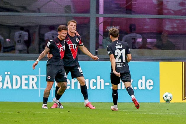 August 30, 2026, xsscx, Soccer 3rd Division, Viktoria Köln vs. Preußen Münster, Matchday 3, Sportpark Höhenberg, 2026–2027 Season: The Viktoria Köln team celebrates the 2–0 goal scored by David Otto. Viktoria Köln 10. DFB regulations prohibit any use of photographs as image sequences and or quasi-video. Photo: xSandraxScherningxPressefotoKochx, North Rhine-Westphalia, Germany