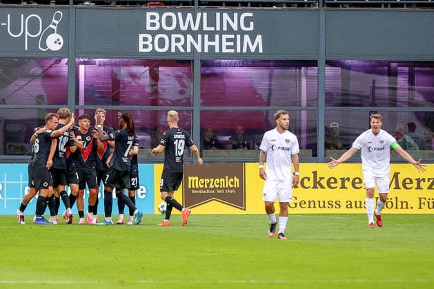 August 30, 2026, xsscx, Soccer 3rd Division, Viktoria Köln vs. Preußen Münster, Matchday 3, Sportpark Höhenberg, 2026–2027 Season: The Viktoria Köln team celebrates the 2–0 goal scored by David Otto. Viktoria Köln 10. DFB regulations prohibit any use of photographs as image sequences and or quasi-video. Photo: xSandraxScherningxPressefotoKochx, North Rhine-Westphalia, Germany