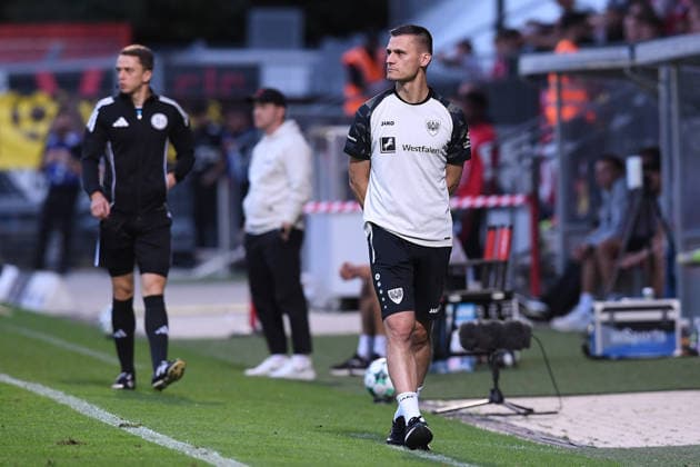 Soccer, 3rd Division, Matchday 3: FC Viktoria Köln vs. SC Preußen Münster on August 30, 2026, at Sportpark Höhenberg in Cologne. Thomas Wörle, Head Coach of Münster. DFB regulations prohibit any use of photographs as image sequences and or quasi-video. xRx