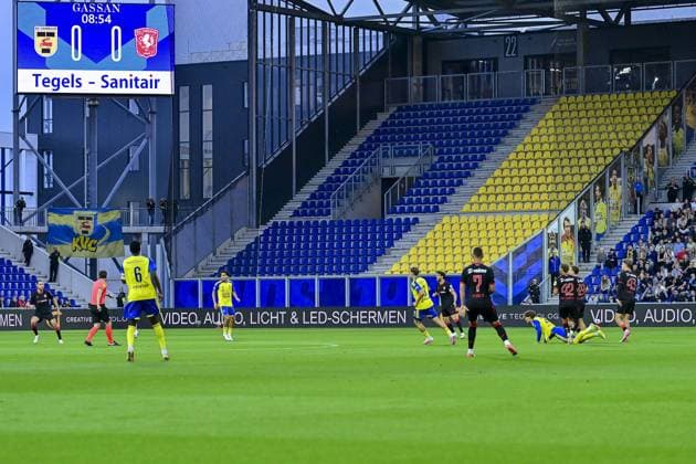 LEEUWARDEN , 30-08-2026 , Kooi Stadium , season 2026 2027 , Dutch Eredivisie football , match between SC Cambuur and FC Twente , picture shows away stand for Twente is empty, fans of Twente are not permitted to attend the match in the stadium because of the firework incident with Feyenoord fans last week Cambuur - Twente  x206258524x Copyright: