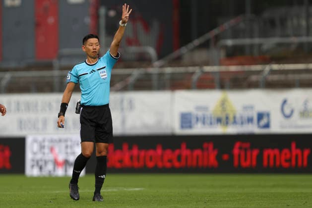 Referee Ryo Tanimoto gestures during the 3. Liga match between Viktoria Cologne and Preussen Münster at Sportpark Höhenberg on August 30, 2026, in Cologne, Germany. Photo by Oliver Kaelke, DeFodi Images. Referee Ryo Tanimoto gestures during the 3. Liga match between Viktoria Cologne and Preussen Münster at Sportpark Höhenberg on August 30, 2026 in Cologne, Germany Photo by Oliver Kaelke DeFodi Images DFB and DFL regulations prohibit any use of photographs as image sequences and or quasi-video. Photo by Oliver Kaelke DeFodi Images