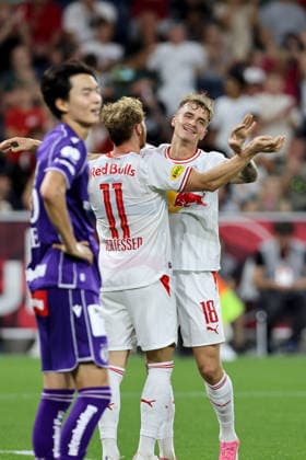 SOCCER - BL, RBS vs A.Wien SALZBURG,AUSTRIA,30.AUG.26 - SOCCER - ADMIRAL Bundesliga, Red Bull Salzburg vs FK Austria Wien. Image shows the rejoicing of Yorbe Vertessen and Nikolas Veratschnig (RBS).  GEPAxpictures xMathiasxMandl