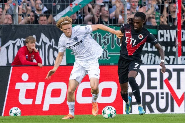 Tackle between Niklas Varelmann of SC Preussen Münster, 36, and Yannick Tonye of Viktoria Köln, 07; FC Viktoria Köln vs. SC Preussen Münster, soccer, 3. Liga, Matchday 3, 2026–2027 season, August 30, 2026 DFL DFB regulations prohibit any use of photographs as image sequences and or quasi-video FC Viktoria Cologne vs. SC Preussen Münster, soccer, 3rd Division, Matchday 3, 2026–2027 season, August 30, 2026, Cologne Copyright: xEibner-Pressefoto ThomasxHaeslerx EP_THR
