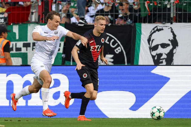 Ryan Johansson of SC Preussen Münster and Meiko Sponsel of FC Viktoria Köln battle for the ball during the 3. Liga match between Viktoria Köln and Preussen Münster at Sportpark Höhenberg on August 30, 2026, in Cologne, Germany. Photo by Oliver Kaelke, DeFodi Images. Ryan Johansson of SC Preussen Münster and Meiko Sponsel of FC Viktoria Köln battle for the ball during the 3. Liga match between Viktoria Köln and Preussen Münster at Sportpark Höhenberg on August 30, 2026 in Cologne, Germany Photo by Oliver Kaelke, DeFodi Images DFB and DFL regulations prohibit any use of photographs as image sequences and or quasi-video Photo by Oliver Kaelke, DeFodi Images