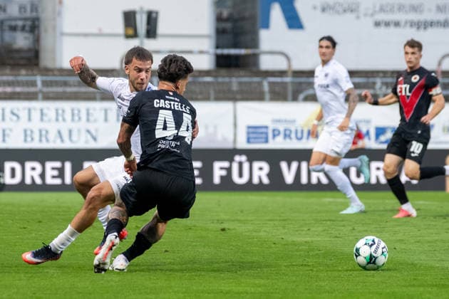 Tackle between Louis Kolbe (SC Preussen Münster, No. 02) and Niklas Castelle (Viktoria Köln, No. 44); FC Viktoria Köln vs. SC Preussen Münster, Soccer, 3. Liga, Matchday 3, 2026–2027 Season, August 30, 2026 DFL DFB regulations prohibit any use of photographs as image sequences and or quasi-video FC Viktoria Cologne vs. SC Preussen Münster, soccer, 3rd Division, Matchday 3, 2026–2027 season, August 30, 2026, Cologne Copyright: xEibner-Pressefoto ThomasxHaeslerx EP_THR
