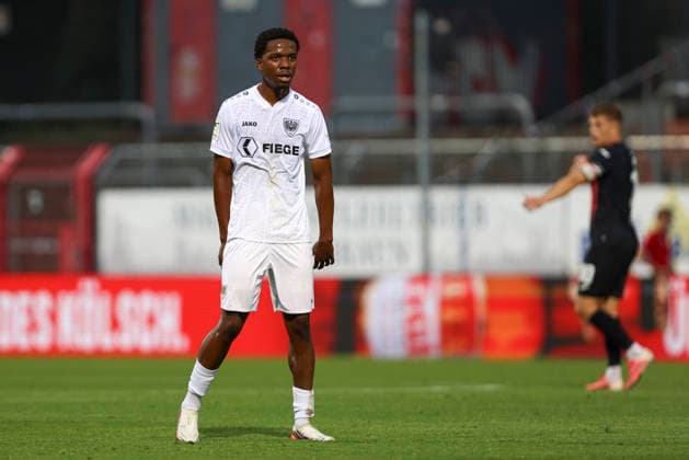 Wesley Adeh of SC Preussen Münster looks on during the 3. Liga match between Viktoria Cologne and Preussen Münster at Sportpark Höhenberg on August 30, 2026, in Cologne, Germany. Photo by Oliver Kaelke, DeFodi Images. Wesley Adeh of SC Preussen Münster looks on during the 3. Liga match between Viktoria Köln and Preussen Münster at Sportpark Höhenberg on August 30, 2026 in Cologne, Germany. Photo by Oliver Kaelke, DeFodi Images. DFB and DFL regulations prohibit any use of photographs as image sequences and or quasi-video. Photo by Oliver Kaelke, DeFodi Images.