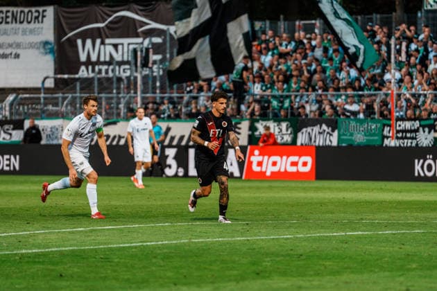 Germany Men s Soccer 3rd Division 2026–2027, Matchday 3: FC Viktoria Köln vs. SC Preußen Münster; Cologne s Niklas Castelle (FC Viktoria Köln), No. 44, retrieves the ball from the back, scores a goal, in his own penalty area, builds up play Copyright: xThiemoxRudolphx