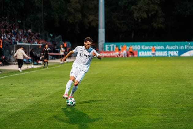 Germany Men s Soccer 3rd Division 2026–2027, Matchday 3: FC Viktoria Köln vs. SC Preußen Münster, Cologne: Charalambos Makridis (SC Preußen Münster), 14 yards out, cross, dribble, attack Copyright: xThiemoxRudolphx