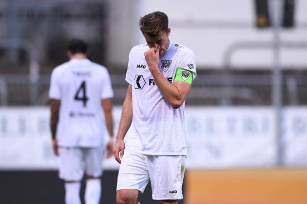 Soccer, 3rd Division, Matchday 3: FC Viktoria Köln vs. SC Preußen Münster on August 30, 2026, at Sportpark Höhenberg in Cologne. Niko Koulis from Münster disappoints. DFB regulations prohibit any use of photographs as image sequences and or quasi-video. xRx