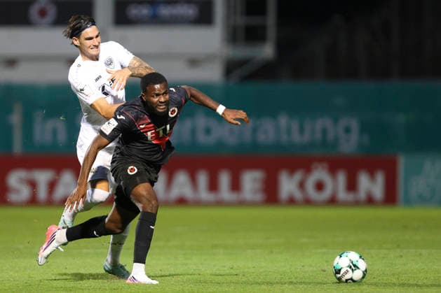 Antonio Tikvic of SC Preussen Münster and Verthomy Schilo Boboy of FC Viktoria Köln battle for the ball during the 3. Liga match between Viktoria Köln and Preussen Münster at Sportpark Höhenberg on August 30, 2026, in Cologne, Germany. Photo by Oliver Kaelke, DeFodi Images. Antonio Tikvic of SC Preussen Muenster and Verthomy Schilo Boboy of FC Viktoria Koeln battle for the ball during the 3. Liga match between Viktoria Koeln and Preussen Muenster at Sportpark Höhenberg on August 30, 2026 in Cologne, Germany. Photo by Oliver Kaelke, DeFodi Images. DFB and DFL regulations prohibit any use of photographs as image sequences and or quasi-video. Photo by Oliver Kaelke, DeFodi Images.