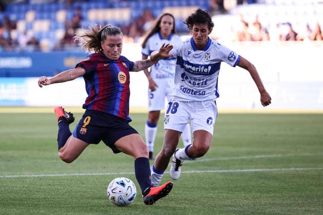 August 30, 2026, Sant Joan Despi, Barcelona, Spain: Claudia Pina of FC Barcelona, Barca and Elba Verges Prats of Costa Adeje Tenerife in action during the Spanish Women league, Liga F, football match played between FC Barcelona and Costa Adeje Tenerife at Johan Cruyff Stadium on August 30, 2026 in Sant Joan Despi, Barcelona. FC Barcelona V Costa Adeje Tenerife - Liga F  - ZUMAa181 20260830_zaa_a181_218 Copyright: xJavierxBorregox