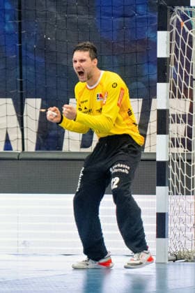 Daniel Rebmann, HBW Balingen Weilstetten, 12, goalkeeper celebrates his own play, HBW Balingen Weilstetten vs. Handball Club Hamburg, GER, Opel 1 Handball Bundesliga, Championship, Matchday 1, 2026–2027 Season, August 30, 2026, Eibner Press Photo by Andreas Ulmer: BW Balingen Weilstetten vs. Handball Club Hamburg, GER, Opel 1 Handball Bundesliga, Championship, Matchday 1, 2026–2027 season, August 30, 2026, Balingen Copyright: xEibner-Pressefoto AndreasxUlmerx EP_AUR