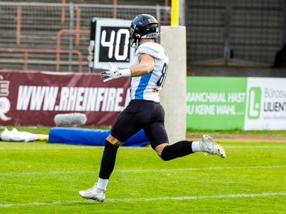 Touchdown 81 Juan Flores-Calderon (Wide Receiver) Panthers Wroclaw Rhein Fire vs Alpine Rams, Panthers Wroclawl, American Football League Europe, Semi Final, 2026, 30.08.2026, Duisburg Schauinsland-Reisen-Arena Germany Copyright: xPFA ChristopherxMettkenx