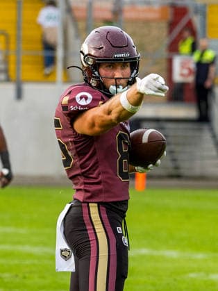 Touchdown celebration from 85 Tim Sauerland (Tight End) Rhein Fire Rhein Fire vs Alpine Rams, Panthers Wroclawl, American Football League Europe, Semi Final, 2026, 30.08.2026, Duisburg Schauinsland-Reisen-Arena Germany Copyright: xPFA ChristopherxMettkenx