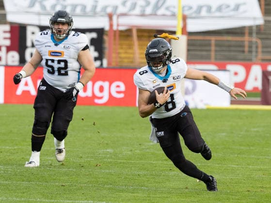 8 Max Richter (Strong Saftey) Rhein Fire run with the ball Rhein Fire vs Alpine Rams, Panthers Wroclawl, American Football League Europe, Semi Final, 2026, 30.08.2026, Duisburg Schauinsland-Reisen-Arena Germany Copyright: xPFA ChristopherxMettkenx