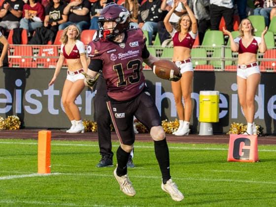 Touchdown 13 Jannik Lörcks (Wide Receiver) Rhein Fire Rhein Fire vs Alpine Rams, Panthers Wroclawl, American Football League Europe, Semi Final, 2026, 30.08.2026, Duisburg Schauinsland-Reisen-Arena Germany Copyright: xPFA ChristopherxMettkenx
